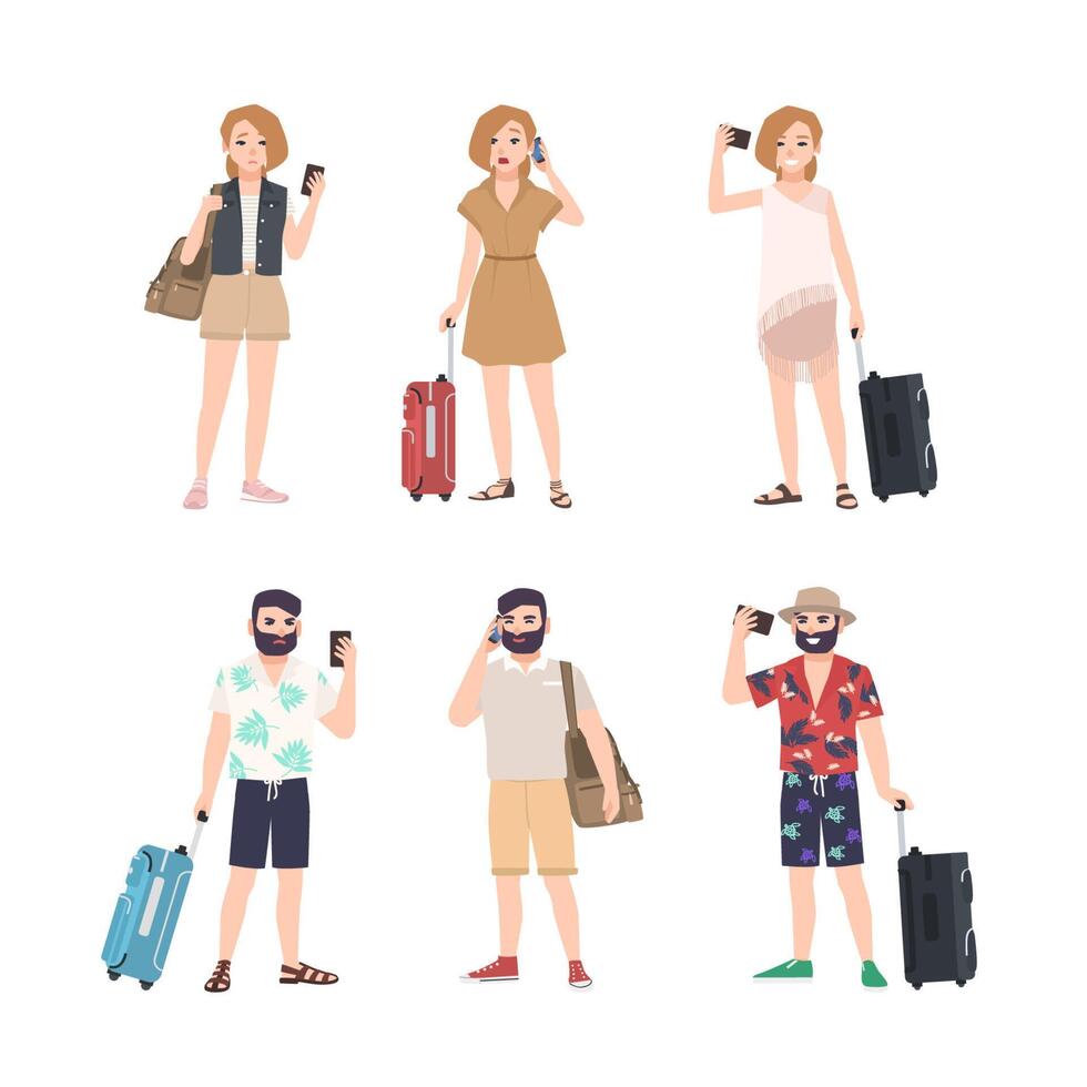 Set of male and female travelers with smartphones standing in various poses. Bundle of man and woman tourists talking on phone, taking selfie, reading messages. Flat cartoon illustration vector