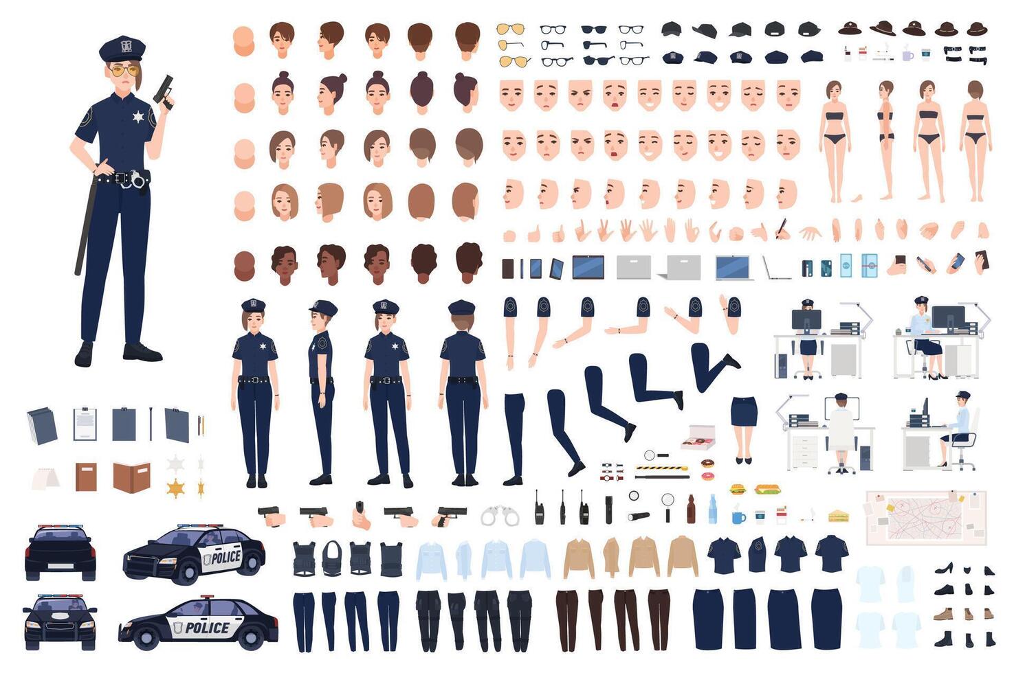 Policewoman constructor or DIY kit. Collection of female police officer body parts, facial expressions, hairstyles, uniform, clothing and accessories isolated on white background. illustration. vector