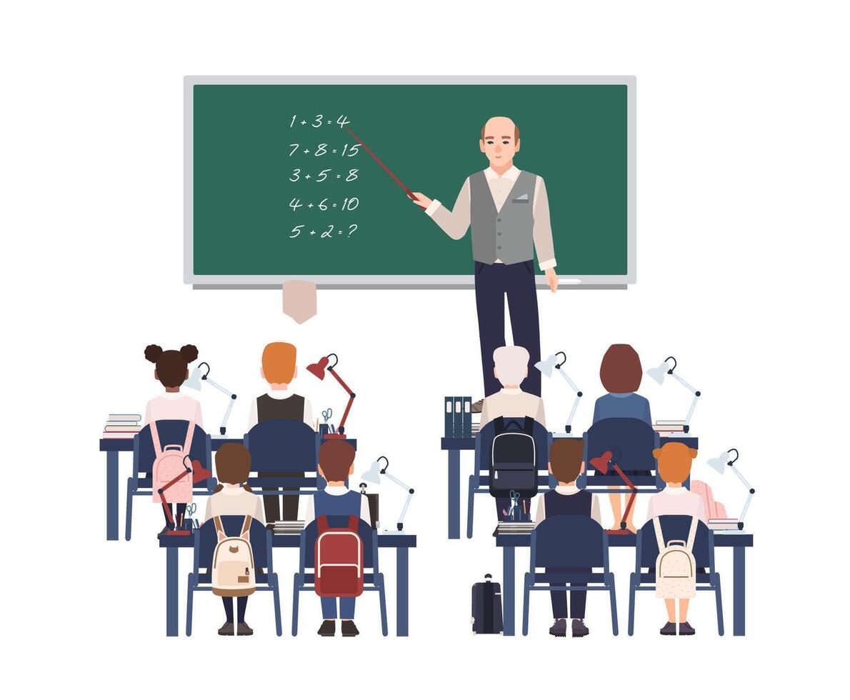 Male math teacher explaining addition to elementary school kids or pupils. Friendly man teaching mathematics or arithmetic to children sitting in classroom. Flat cartoon colorful illustration vector