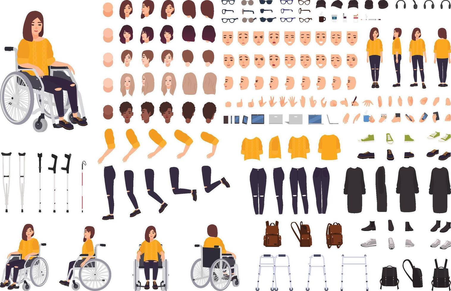 Young disabled woman in wheelchair constructor or DIY kit. Set of body parts, facial expressions, crutches, walking frame. Female cartoon character. Front, side, back views. illustration. vector