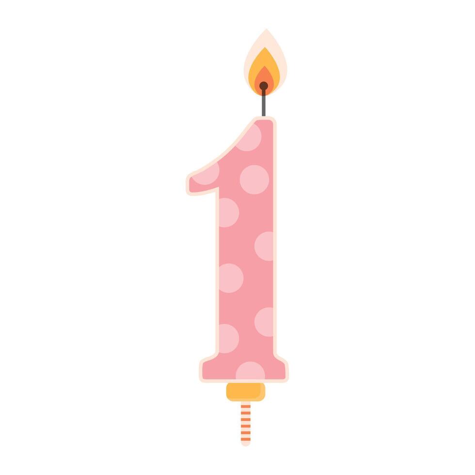 Birthday cake candle with flame light. One year old. Kindergarten birthday party celebration. Flat design element. vector