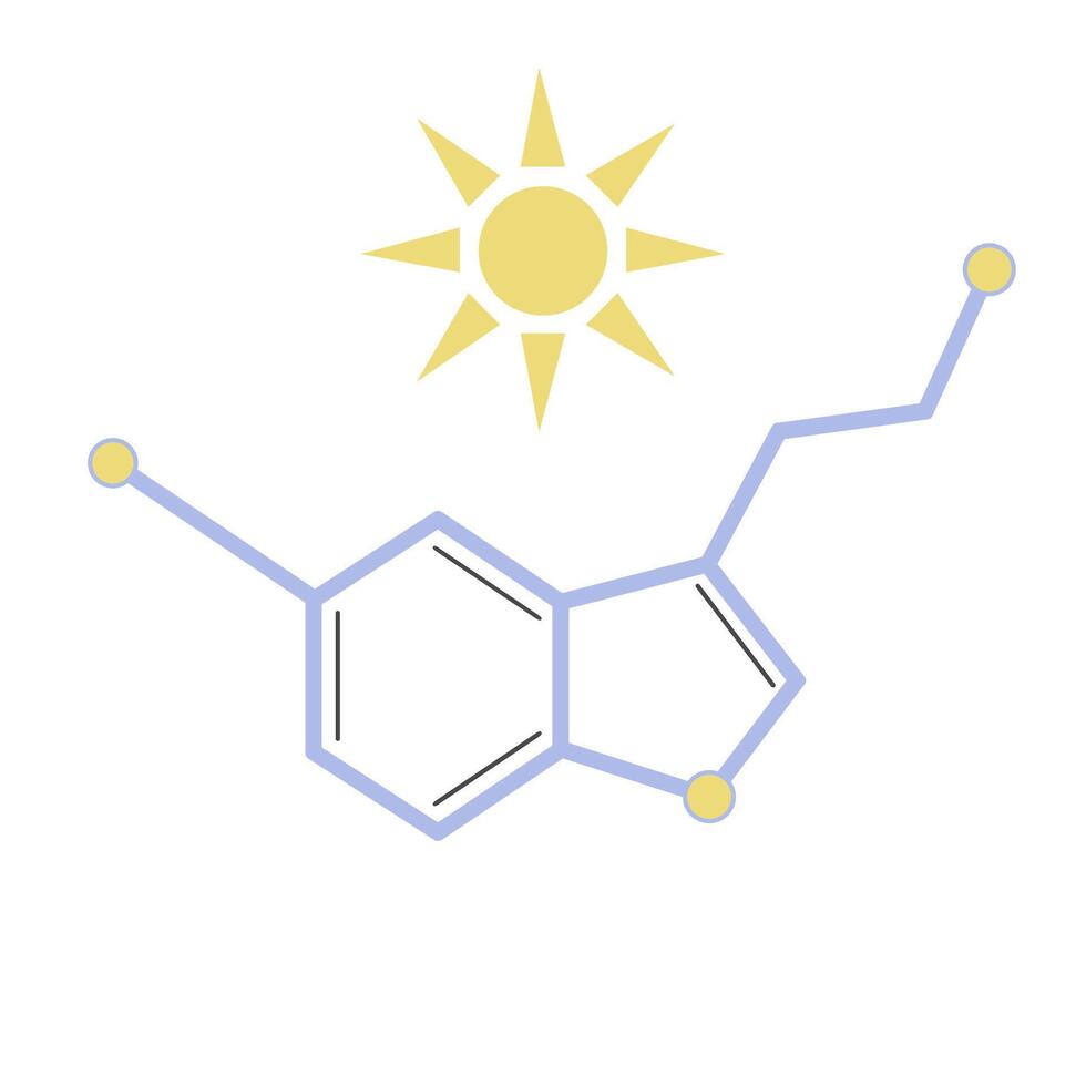 Serotonin molecule with sun icon. flat design isolated on white background. vector