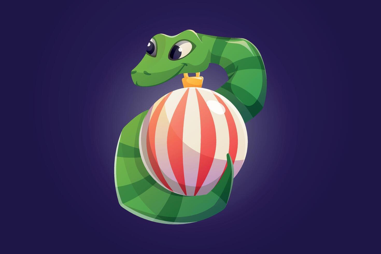 Cute green wooden snake with Christmas glass ball. Symbol of Chinese New Year, Christmas 2025. isolated cartoon holiday illustration. vector