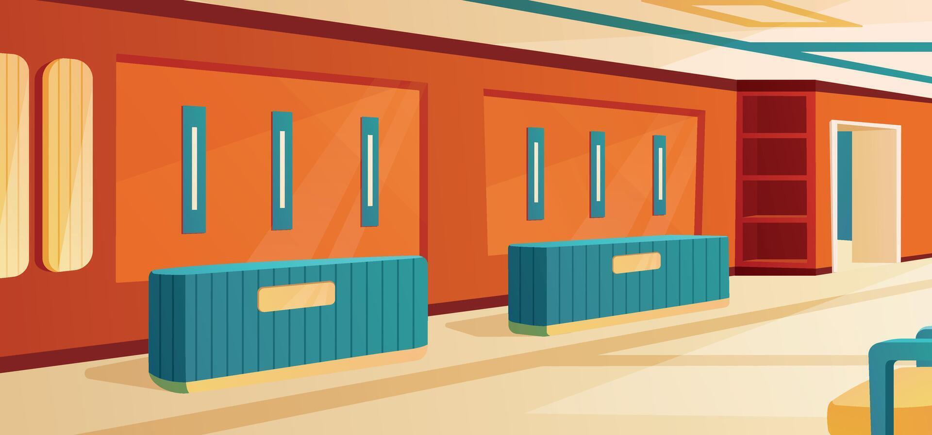 Bright hotel or administration hall. Corridor with reception desks and wooden walls. Horizontal cartoon background, interior for game design or advertising banner. vector