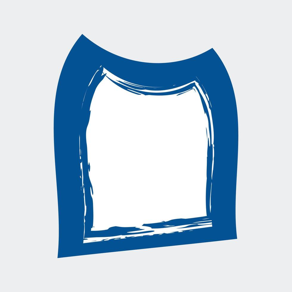 a stylized blue shape that resembles a frame or a label. The top part is rounded, while the sides taper down to a wider base, creating a unique silhouette. vector