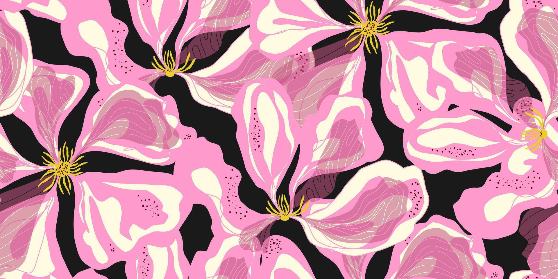 a pink and black floral pattern with white flowers vector