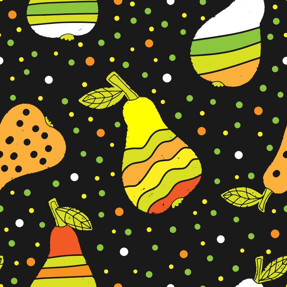 seamless pattern with pears and leaves on black background vector