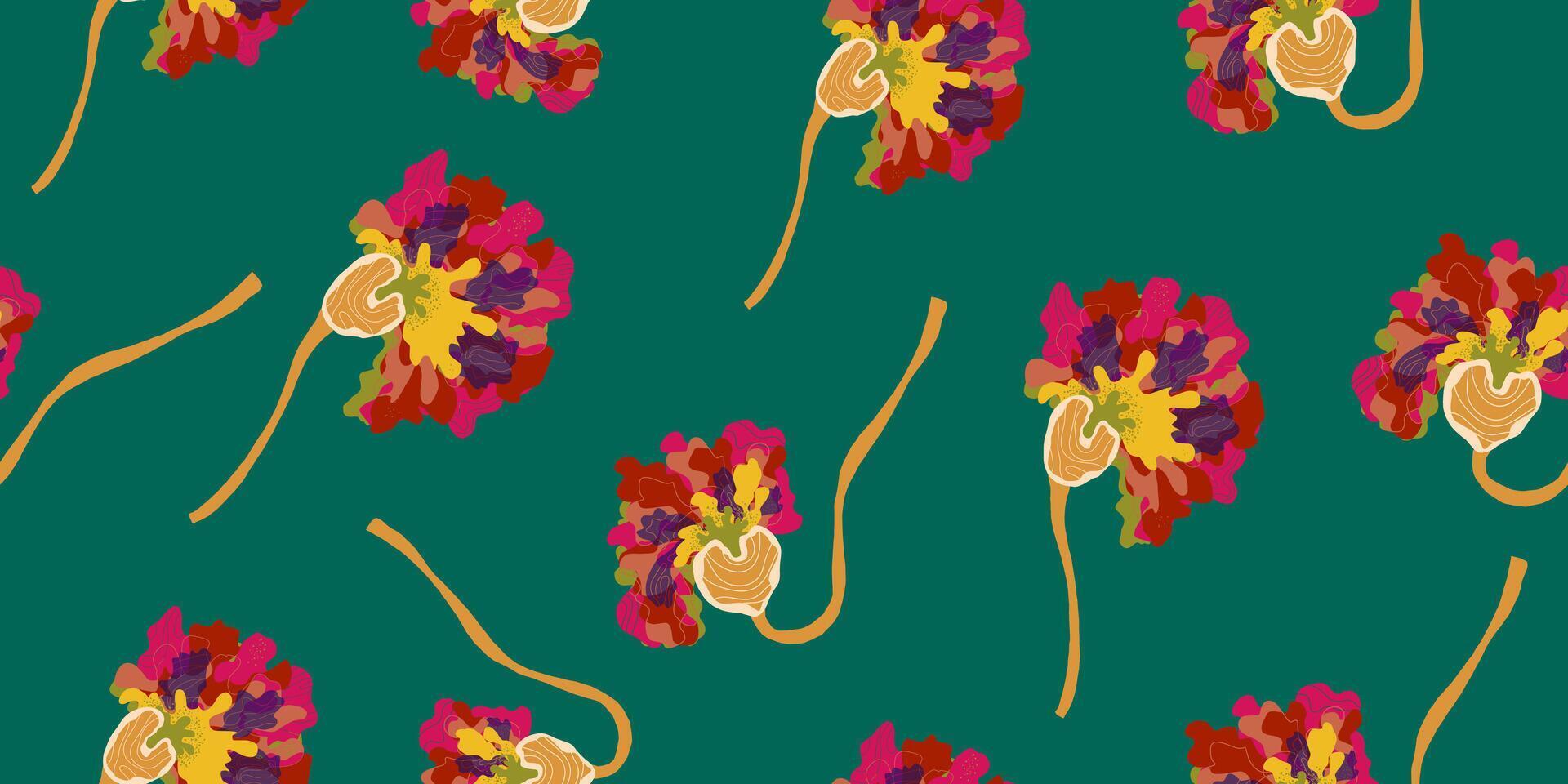 a pattern with colorful flowers on a green background vector