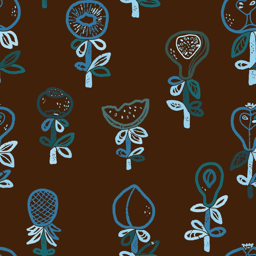 a pattern with flowers and leaves on a brown background vector