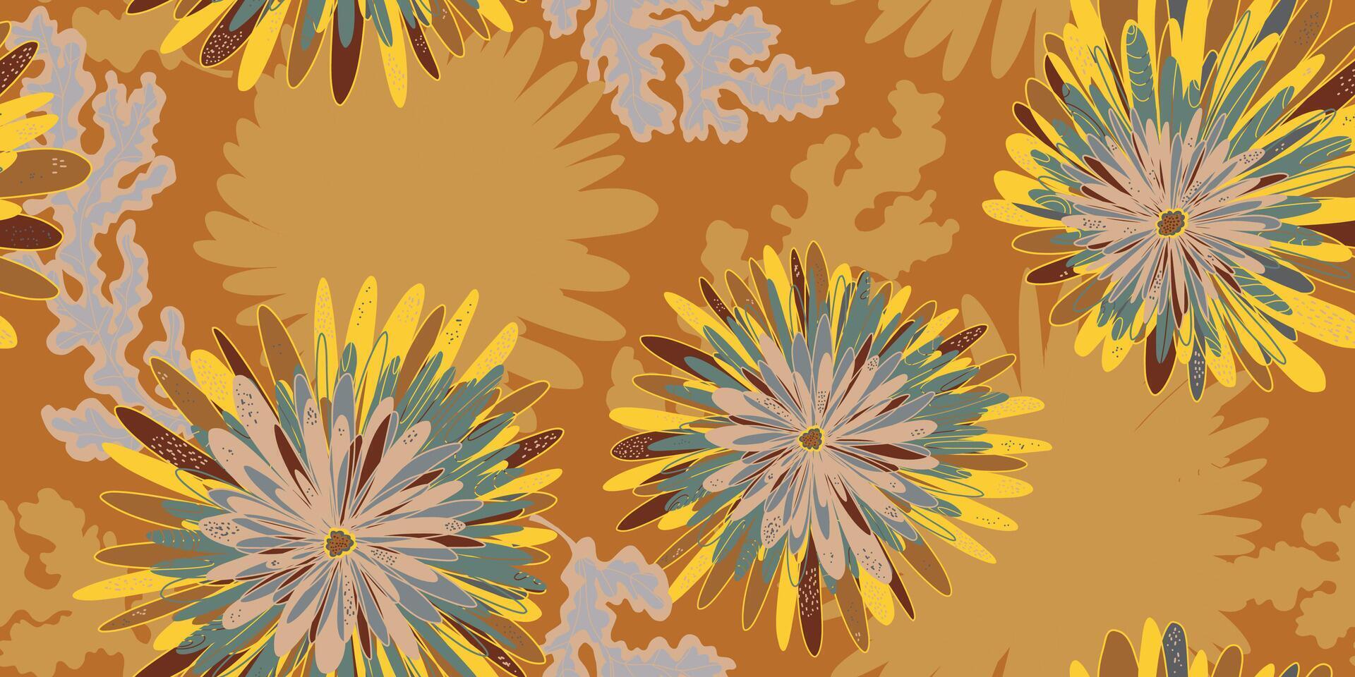 a pattern with yellow, blue and brown flowers vector