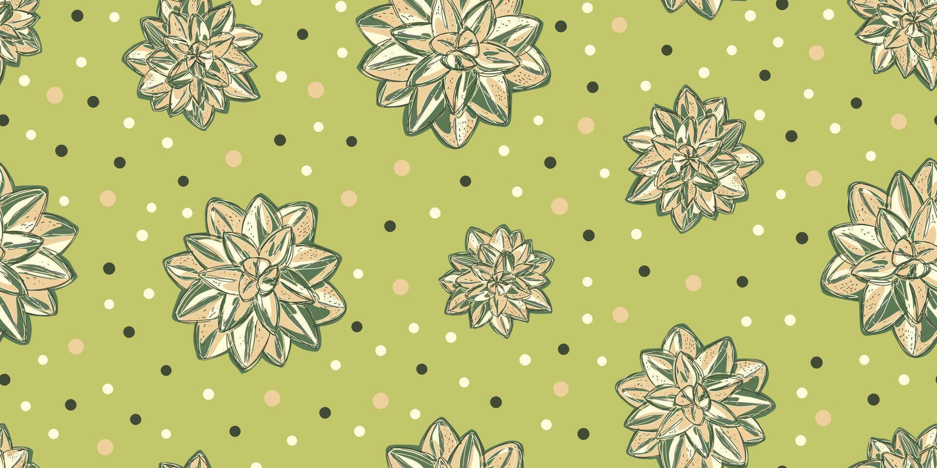 a green and brown floral pattern with dots vector