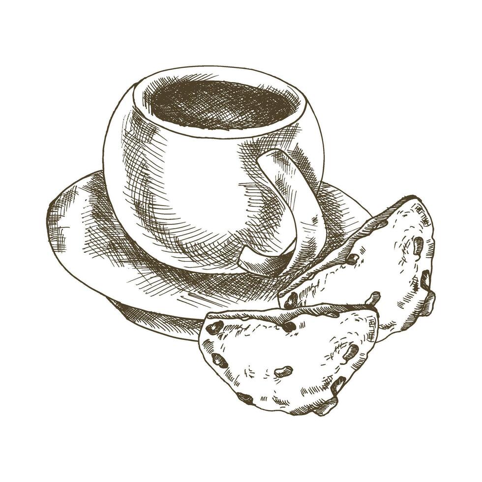 Ink illustration of coffee cup with biscuits black and white illustration. Hand drawn graphics, breakfast drink with sweet cookies clipart for cafe menu , poster, wallpaper design. vector