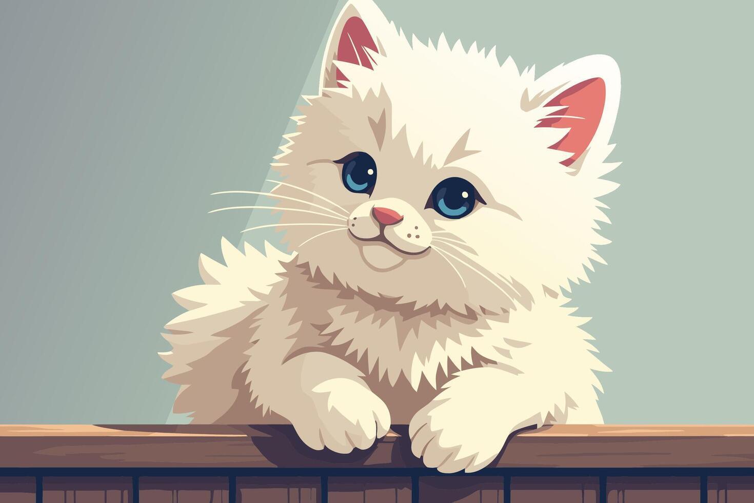 White fluffy cat on a wooden fence vector