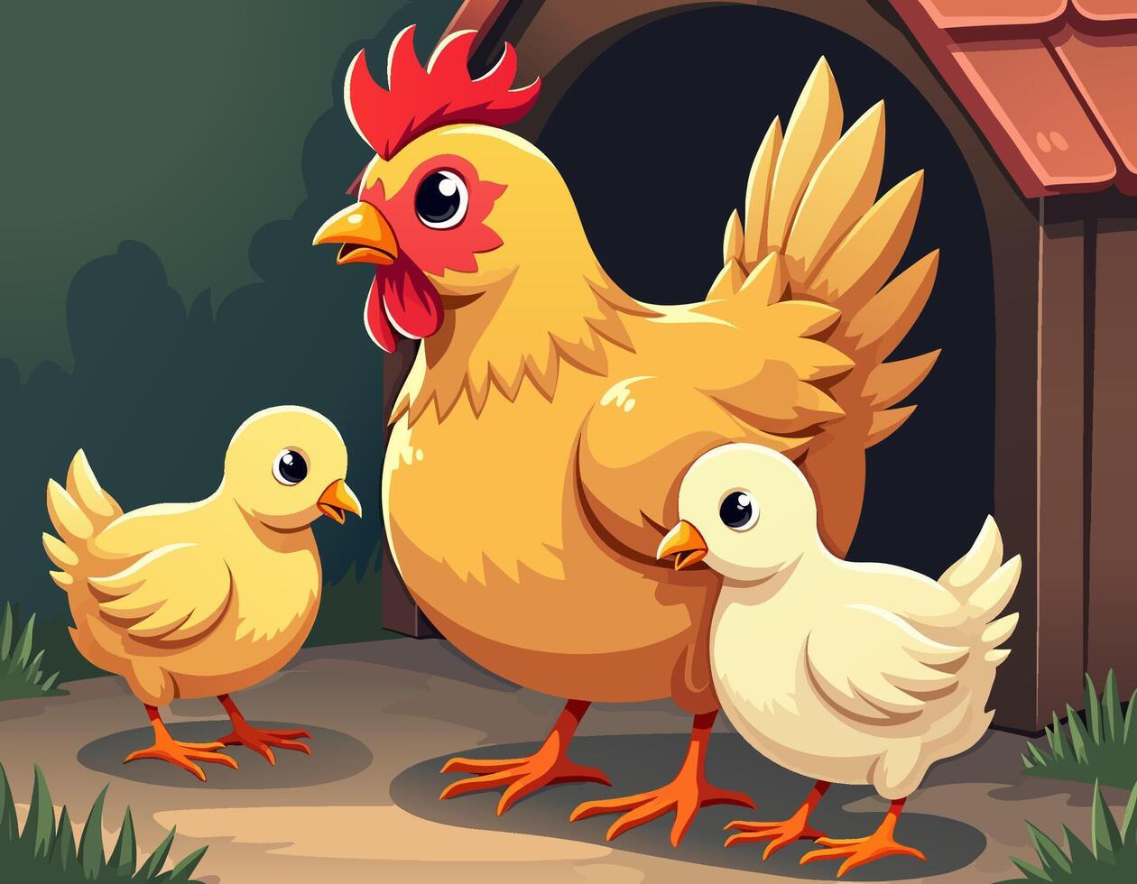 A chicken with two chicks in the farmyard vector