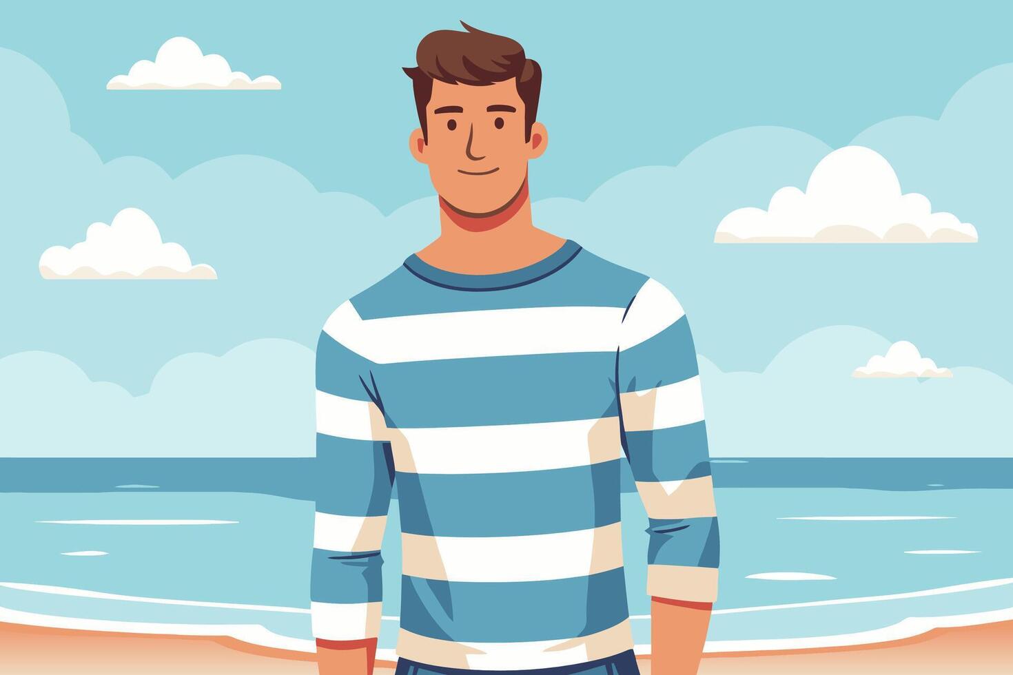 A cheerful man in a striped sweater by the beach. vector