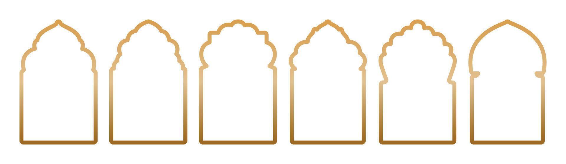 Islamic window line gold gradient shape collection isolated on transparent background. Arabic, Muslim architecture outline frame. Traditional, oriental design. Silhouettes arabesque traditional vector