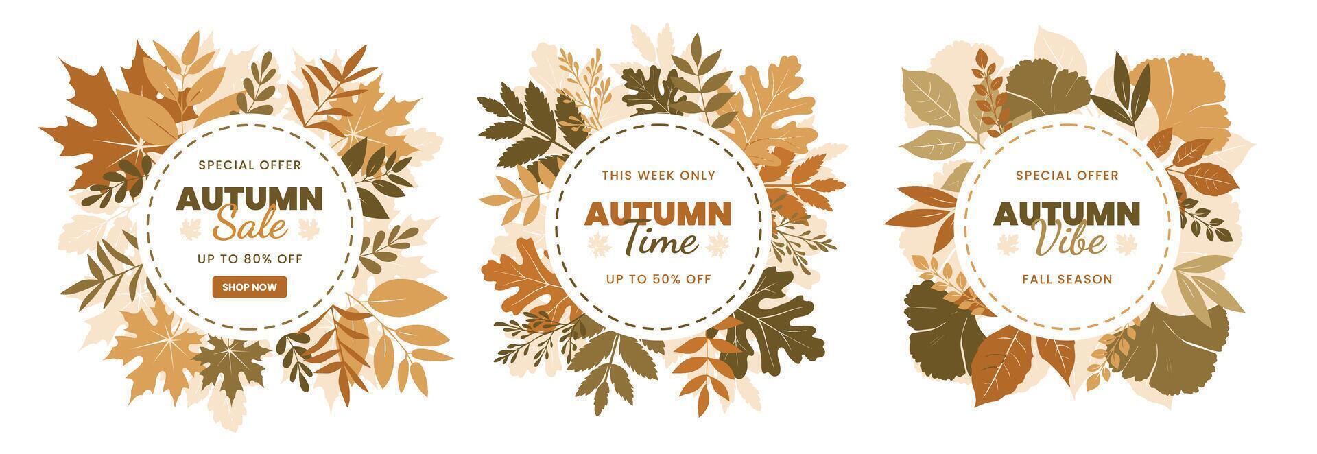 Circle greeting cards with sale text and autumn leaves. Collection of fall themed frames with design nature elements featuring leaves. Rustic hand drawn floral wreath in traditional autumn colors vector