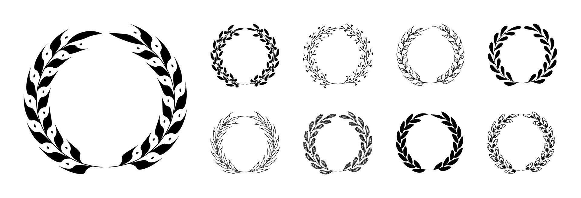 Laurels branches on background. illustration of hand drawn wreaths. Flat floral wreath frames. Design element for logo, label, emblem, sign, awards, winner, trophy, branches foliate vector