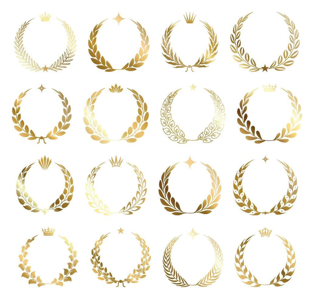Laurel wreath winner symbol icon set on background. Golden award wreaths with crowns and stars. Various laurel leaves and branches emblems. For winner, champion, victory designs vector