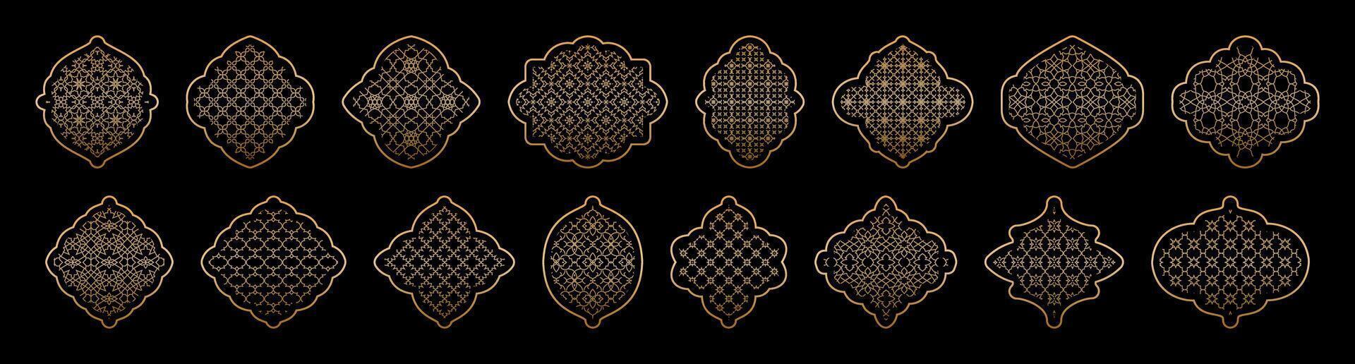 Gold gradient Arabic ornamental windows set. Islamic doors. arch, windows with Arabic pattern on black background. Muslim architecture Ramadan frames. Traditional Islamic window shapes set oriental vector