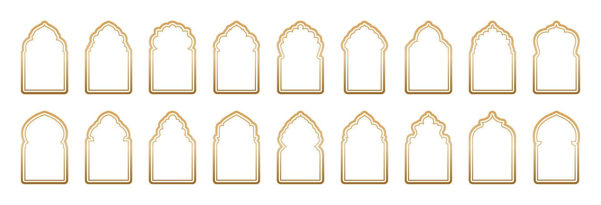 Gold Islamic window shape. Arabic golden arch, Ramadan Kareem frames. Muslim mosque silhouette of Moroccan border, portal. Eid Mubarak oriental mirror set. Arabian architecture elements of door gate vector