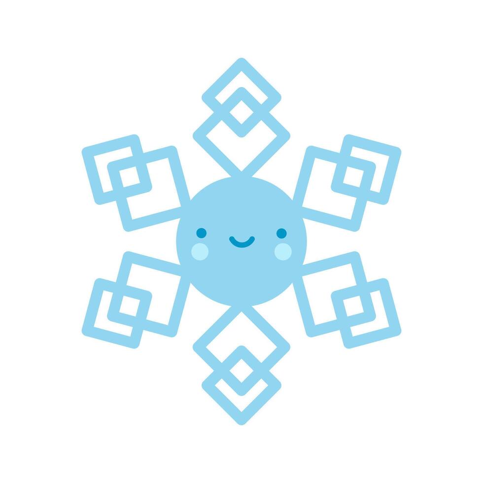 Cute blue snowflake emoji icon in cartoon style. Adorable snow flake smiley character. Funny Christmas doodle vector
