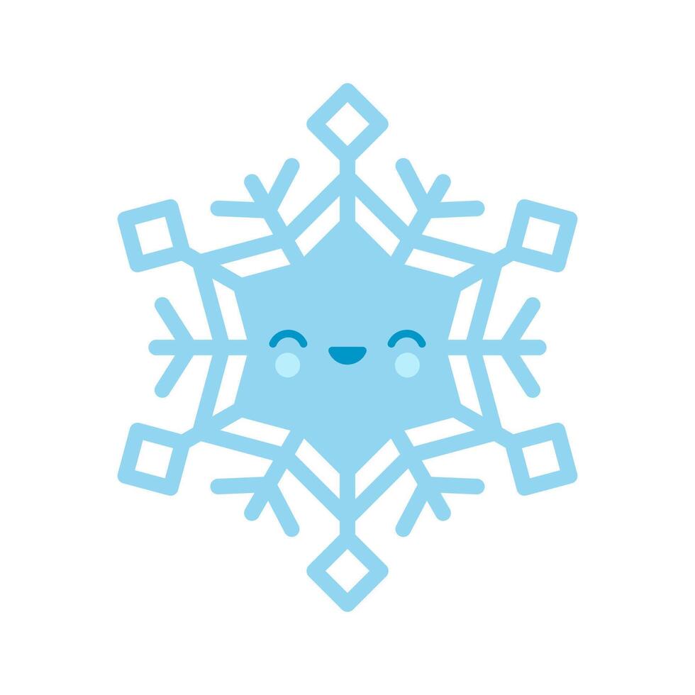 Cute blue snowflake emoji icon in cartoon style. Adorable snow flake smiley character. Funny Christmas doodle vector