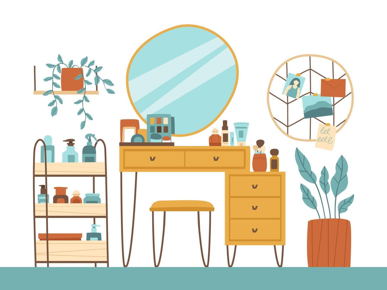 Vanity table with cosmetics in the interior vector