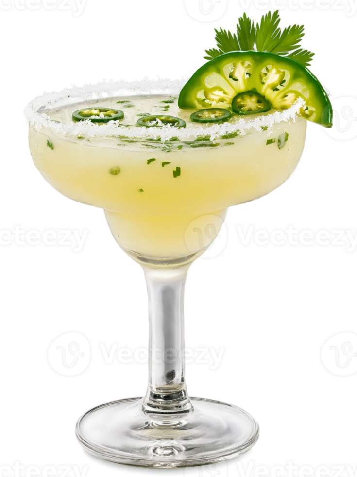 Margarita with slice of jalapeno and sprig of cilantro in margarita glass png