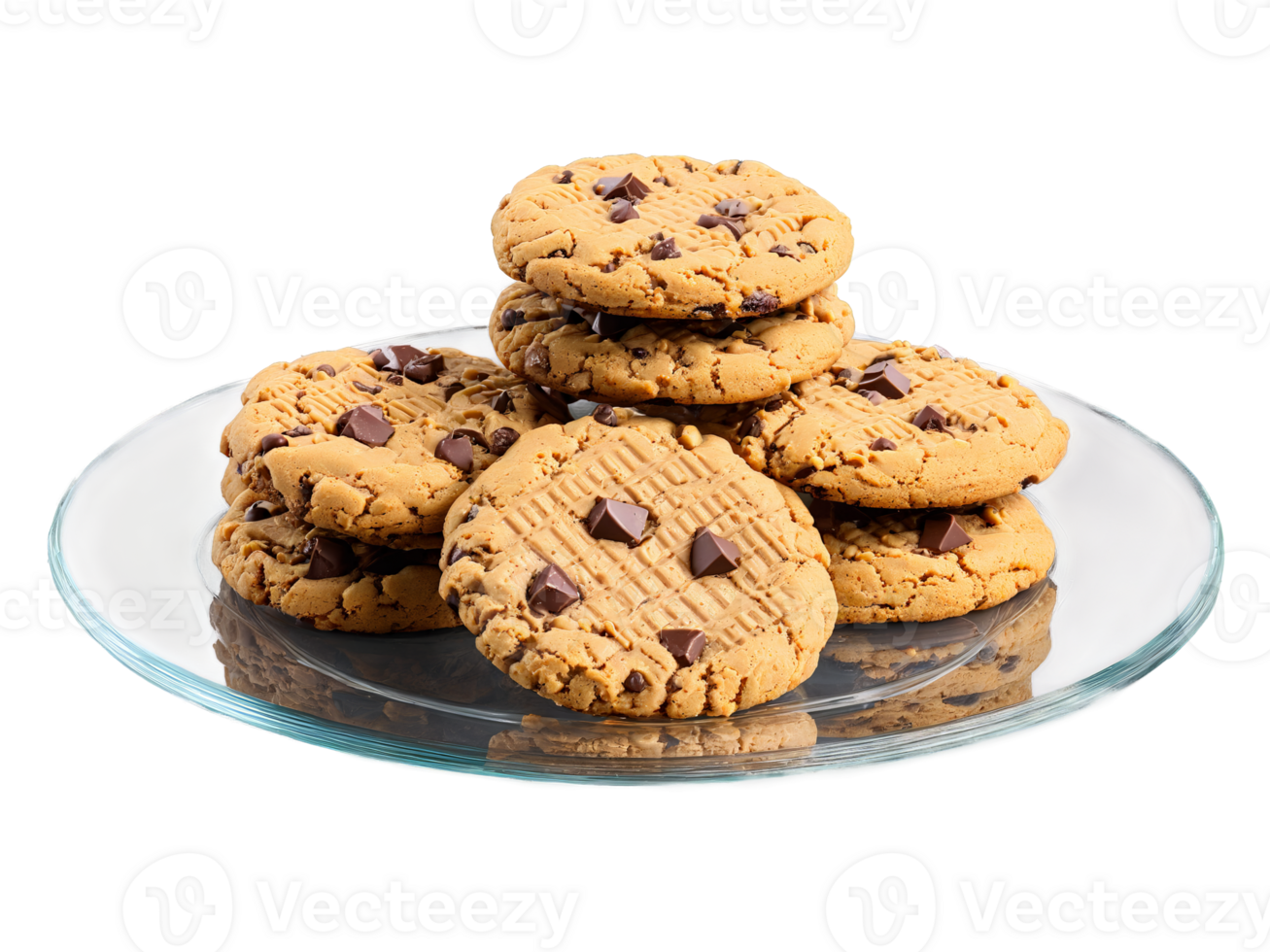 Vegan peanut butter cookies with chocolate chips served on a transparent glass plate chewy png