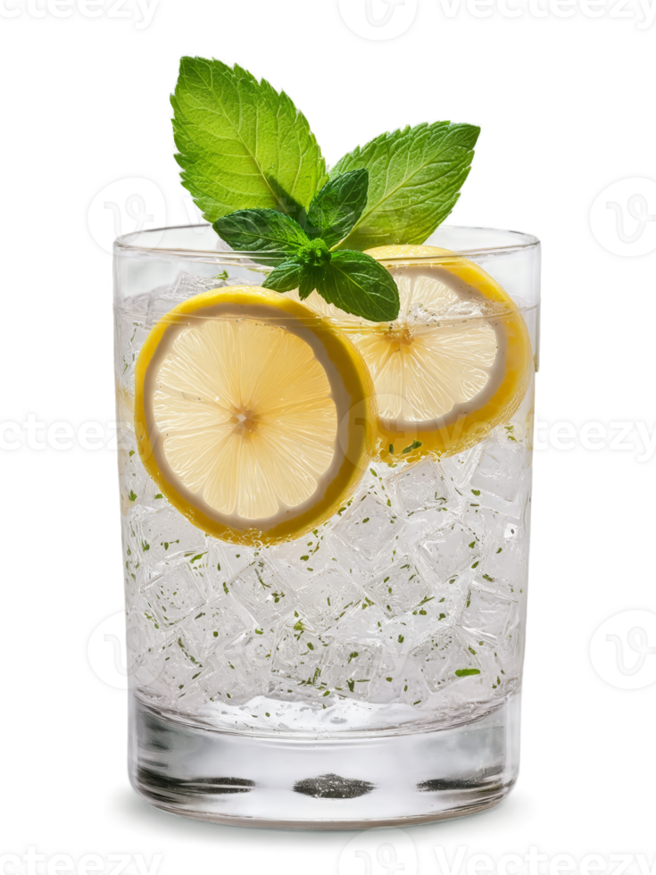 Finnish Sima in clear glass garnished with slice of lemon and sprig of fresh mint png