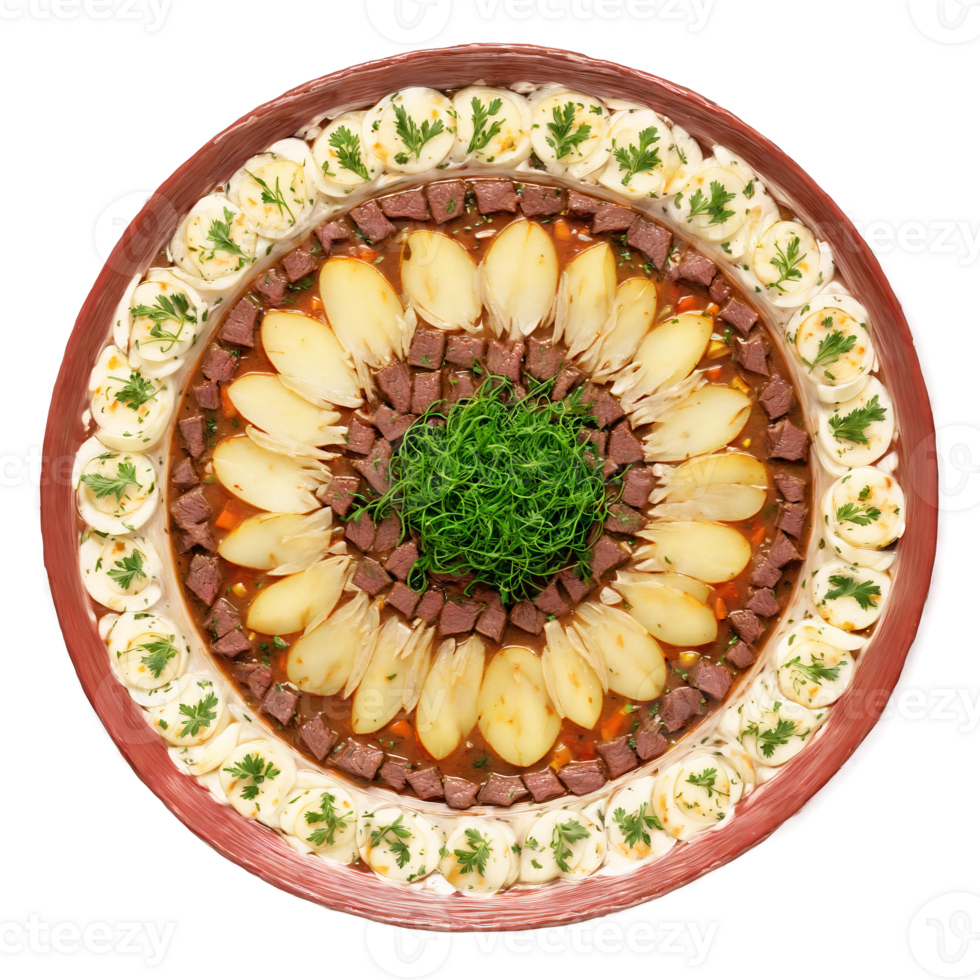 Zharkoye Mandala hearty beef and potato stew arranged in a captivating circular pattern garnished png