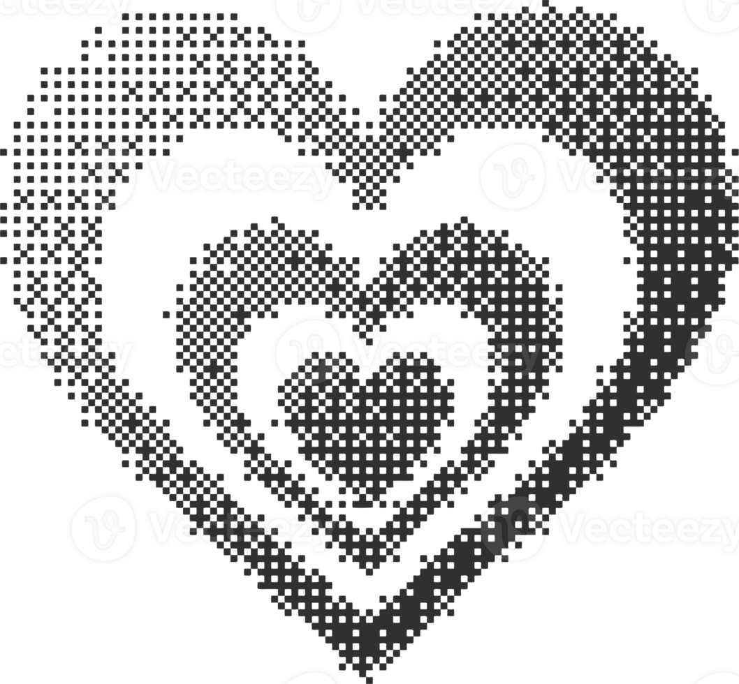 Bitmap pattern abstract heart shape. Halftone gradient element. Y2k graphic abstract icon. Dither noisy grunge texture. Symbol of love png
