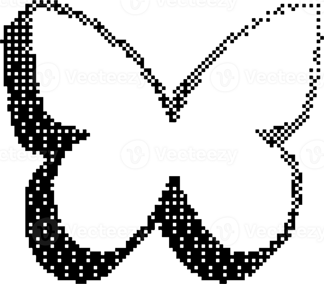 Bitmap pattern butterfly shape. Halftone gradient element. Y2k graphic abstract icon. Dither noisy grunge texture. png