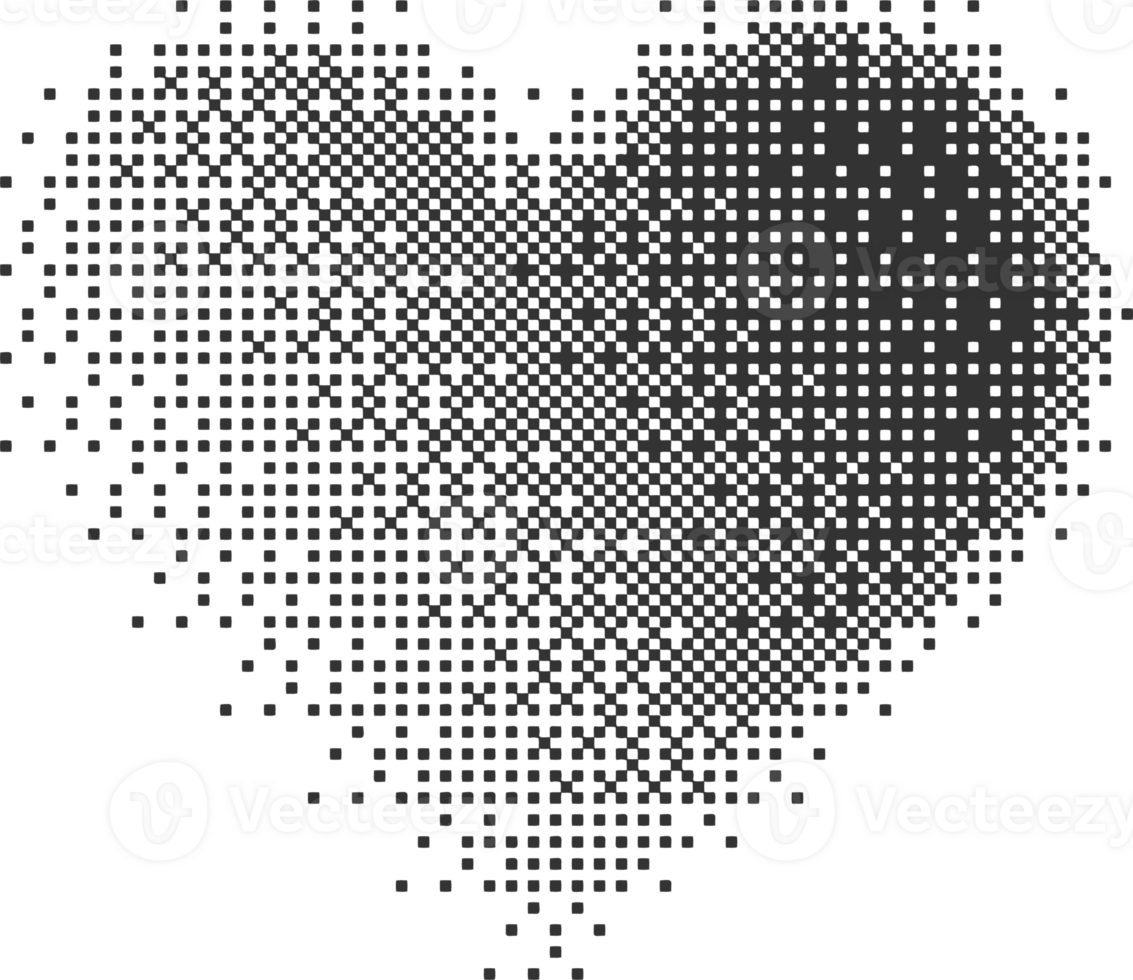 Bitmap pixel arcade game effect. Hearts y2k halftone pattern shape. Dither aesthetic gradient glow icon. 2000s design grainy illustration png