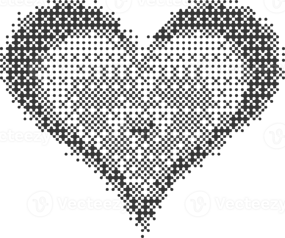 Pixel pattern heart. Bitmap dotted texture symbols of love. Retro design element with color gradation. Y2k grainy digits halftone shape. Valentine day grunge figures png