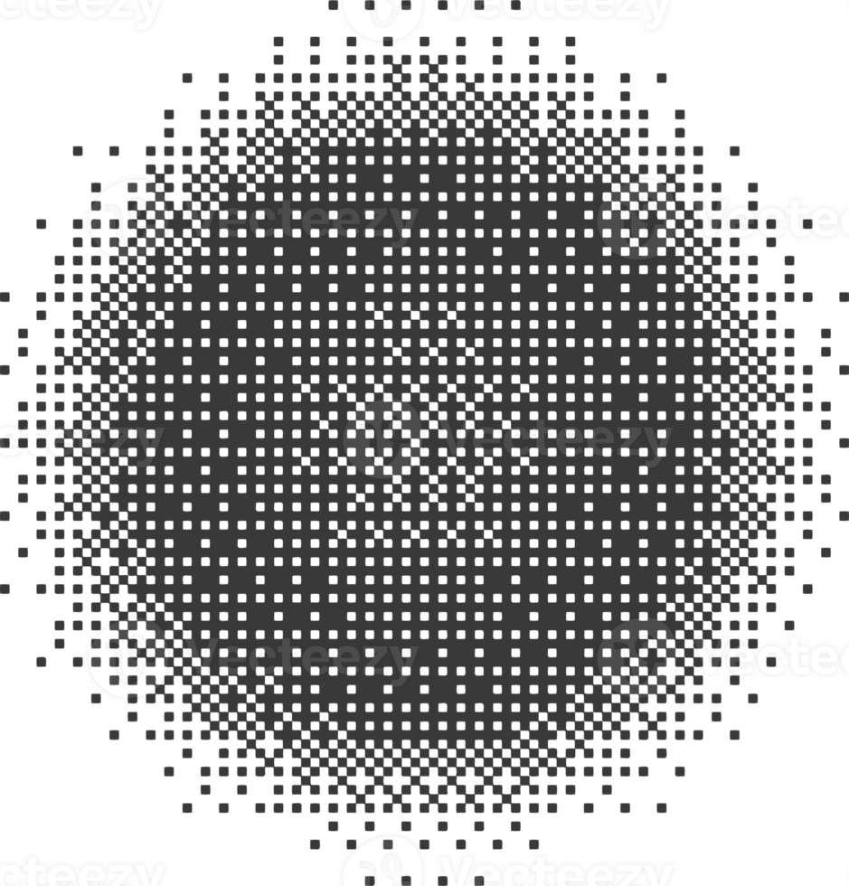 Bitmap pixel arcade game effect. Circle with bit pattern texture. Round y2k halftone element. Aesthetic globe with dither gradient. 2000s noisy illustration png