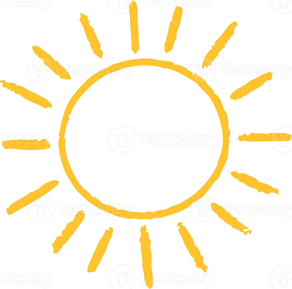 Sun doodle icon. Cartoon summer hand drawn abstract sketch. Cute grunge yellow symbol of sunset. Pencil spiral illustration. Chalk and crayon drawing. png