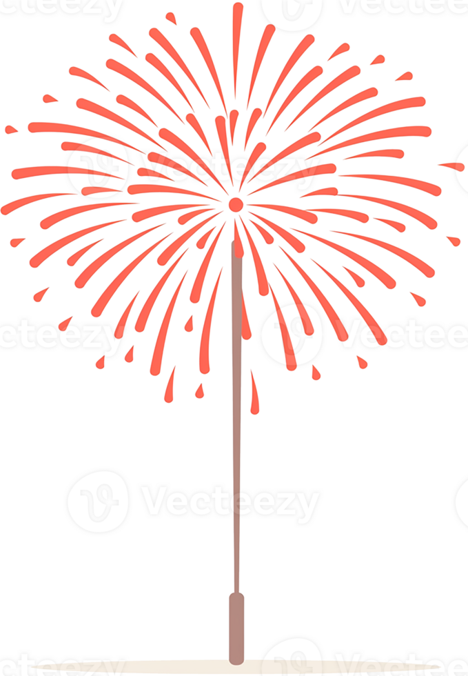 A vibrant illustration of a red firework exploding upwards, showcasing its radiant rays and sparkling sparks against a transparent background. png