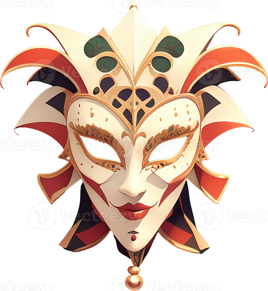 A stunning Venetian mask featuring intricate gold detailing and vibrant red accents. png