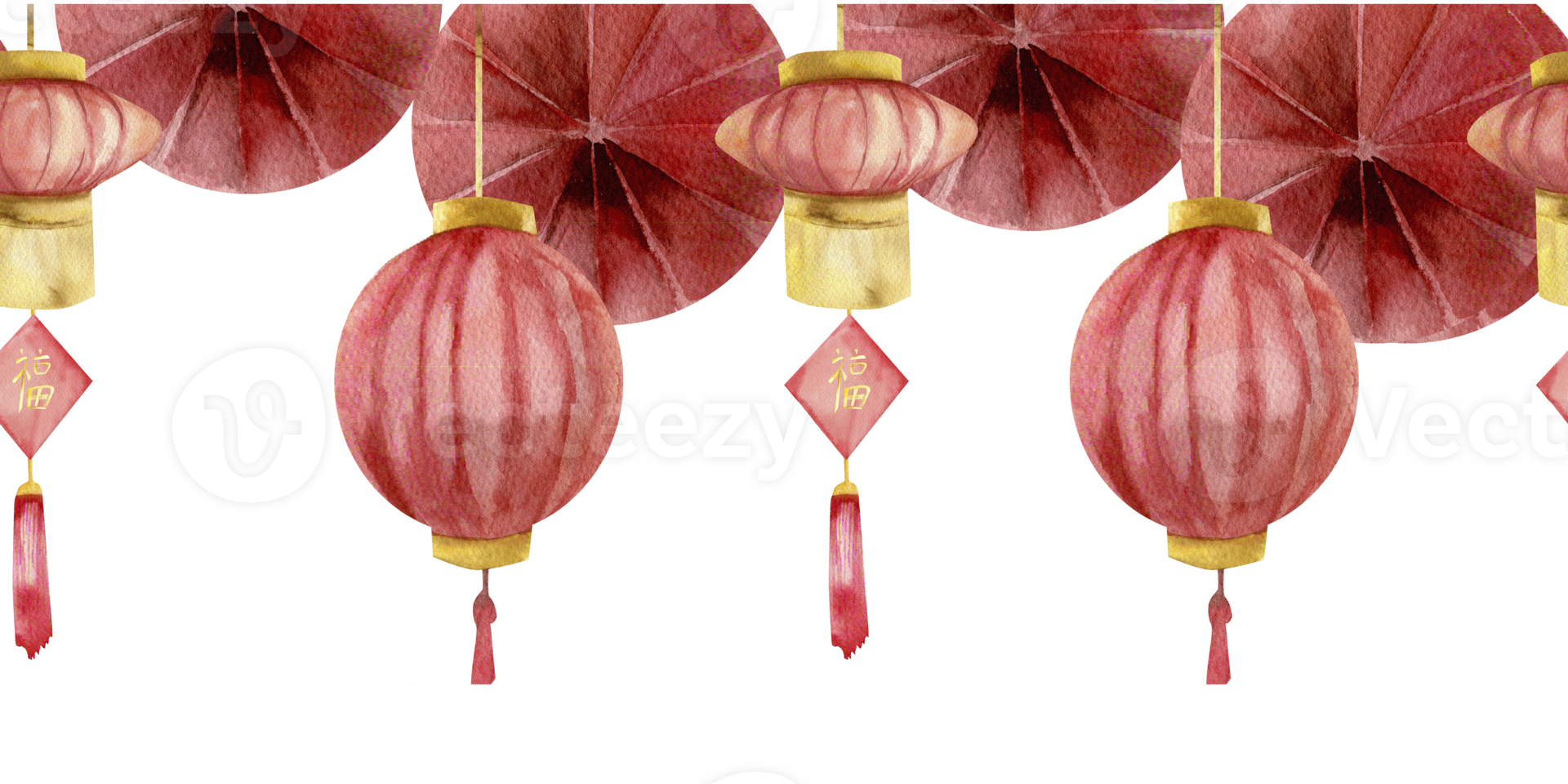 Chinese Spring festival seamless border with red paper lantern, fortune character and wall decorations. Hand drawn asian new year festive banner for poster,invitation, packing design png