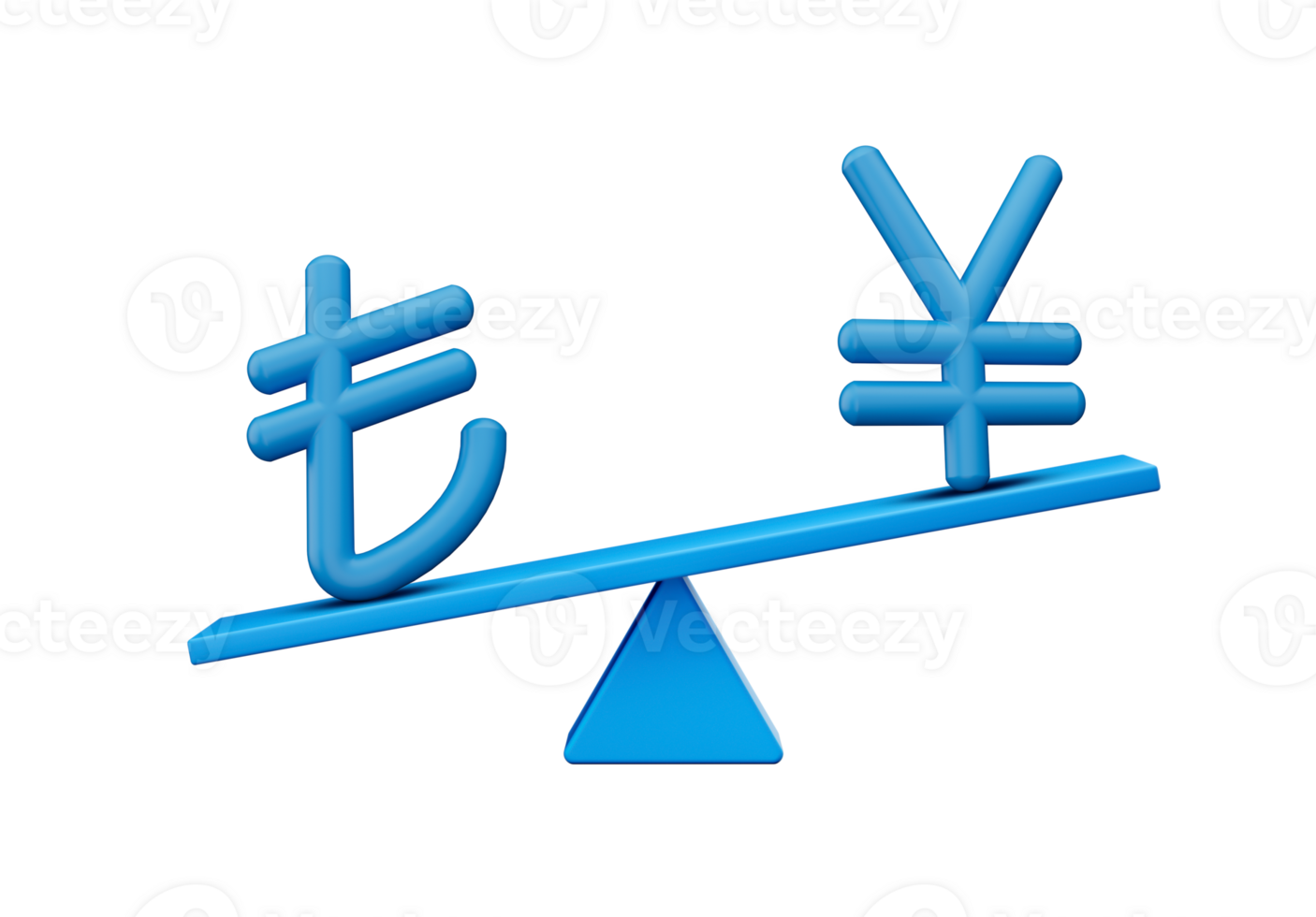 3d Blue Lira And Yen Symbol Icons With 3d Blue Balance Weight Seesaw, 3d illustration png
