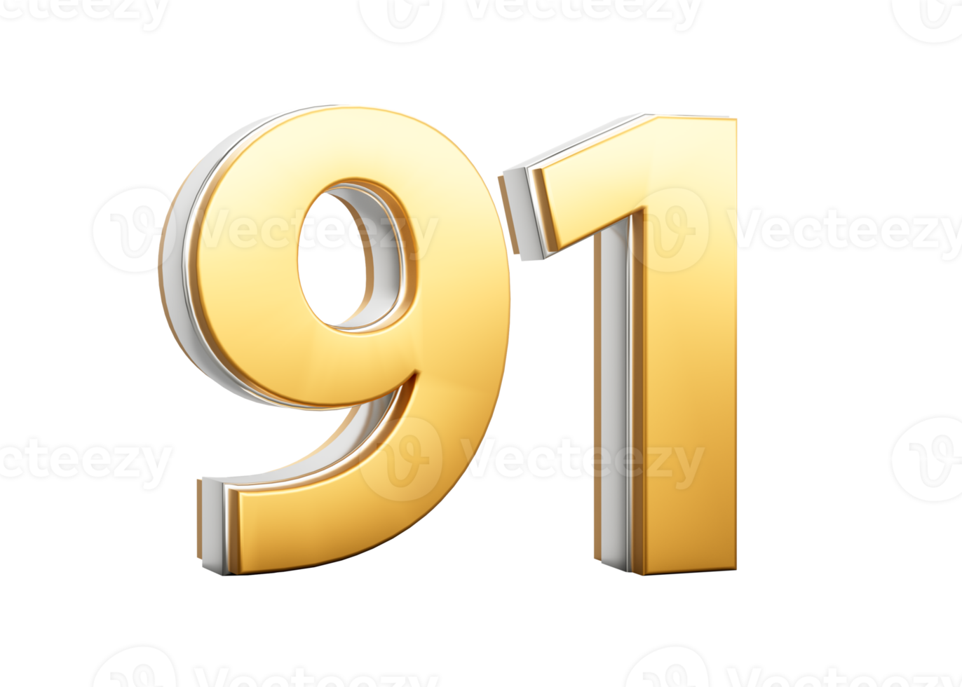 3D Golden Shiny Number 91 Ninety One With Silver Outline 3D Illustration png