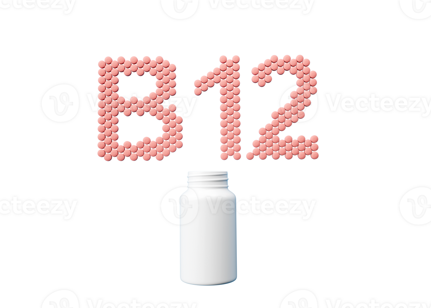 3d Empty White Pill Bottle With B12 Text Made Of Rounded Vitamin B12 Tablets 3d Illustration png