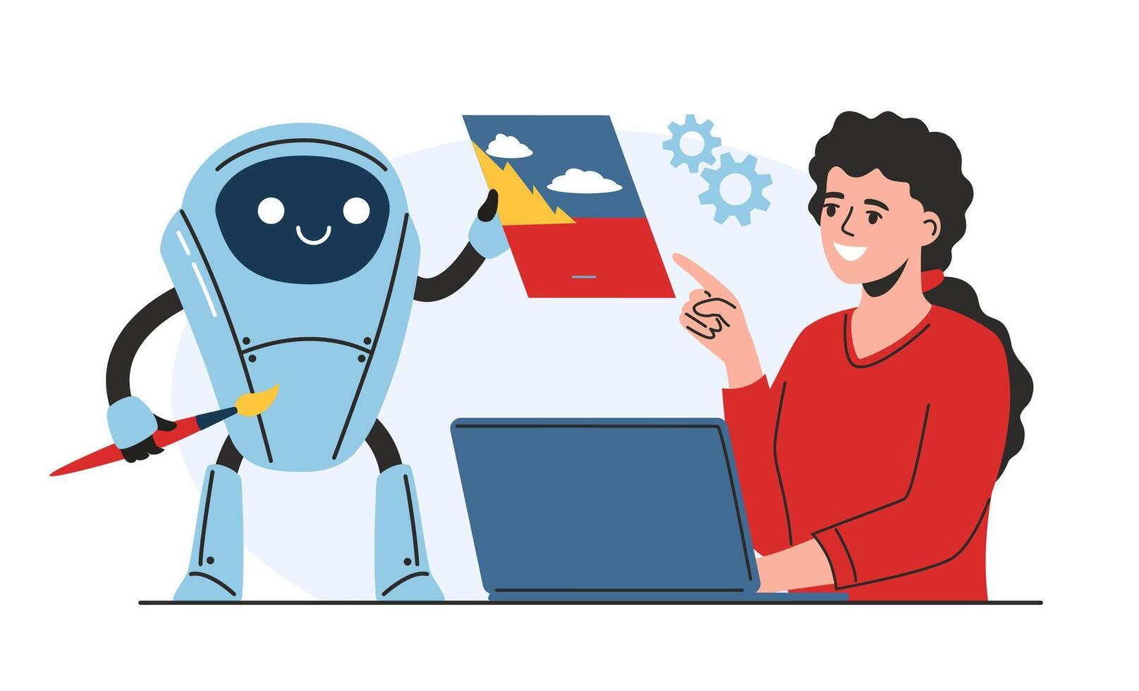 Robotic assistant is collaborating with a person at a desk. The robot holds a painted document while the individual conveys ideas, creating a productive atmosphere vector