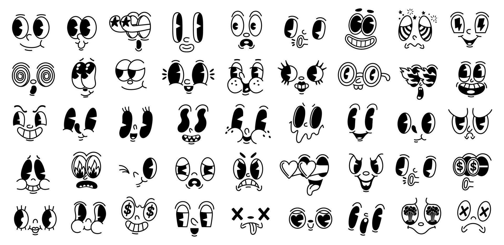 Retro facial expressions illustrating different emotions and reactions. The playful designs include characters expressing joy, sadness, surprise, and more vector