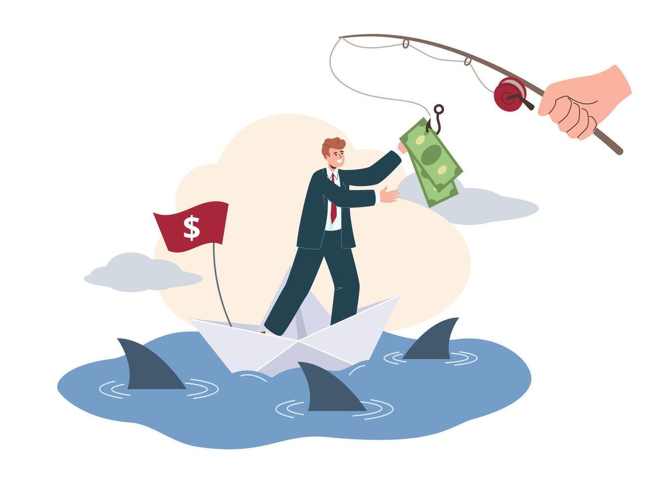 Businessman stands on a paper boat, skillfully balancing money in hand while sharks circle below. His expression conveys focus amidst economic uncertainty vector