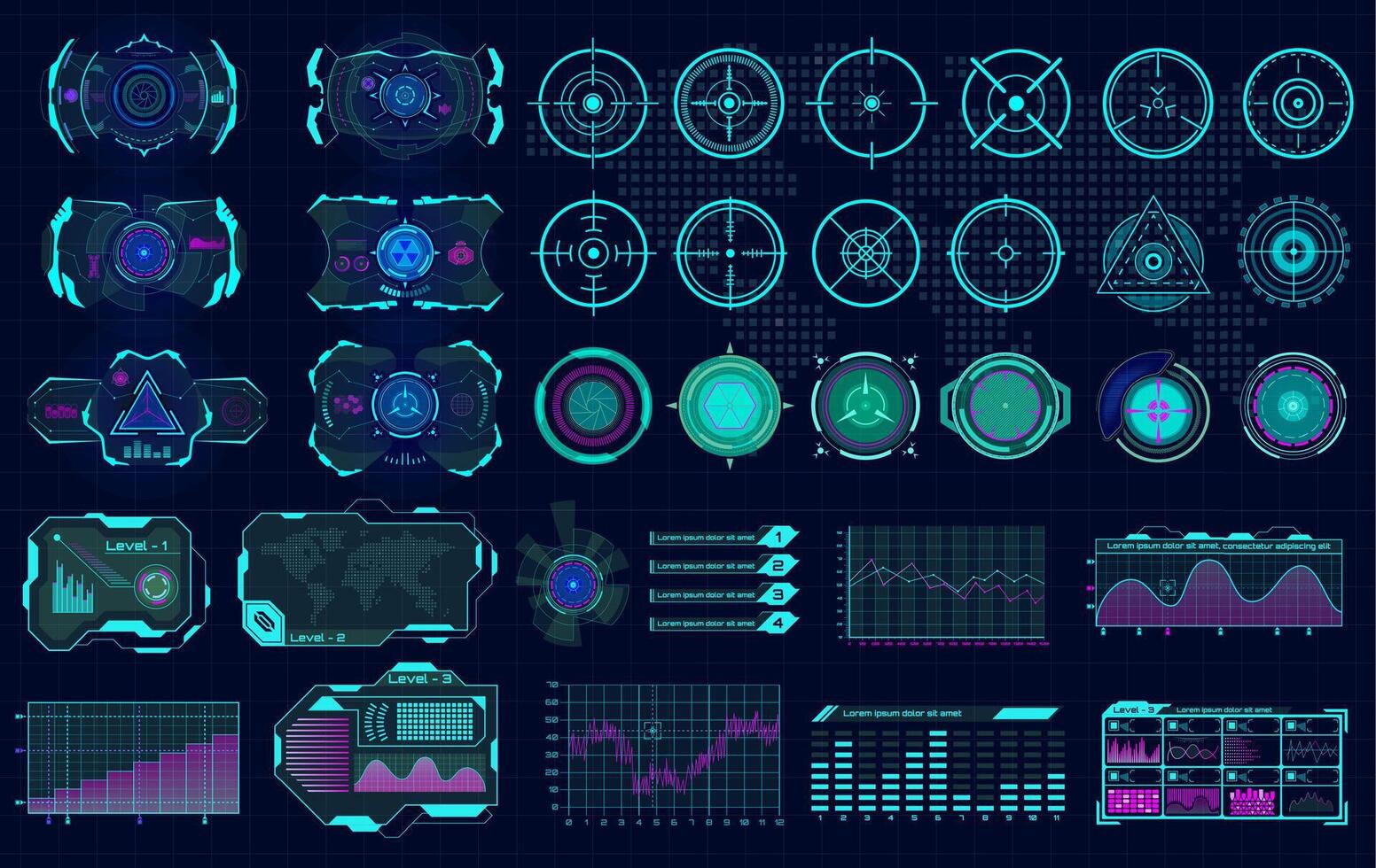 Futuristic interface showcases an array of graphical elements for data analysis and monitoring. Various icons, graphs, and indicators are present, designed for high-tech environments vector