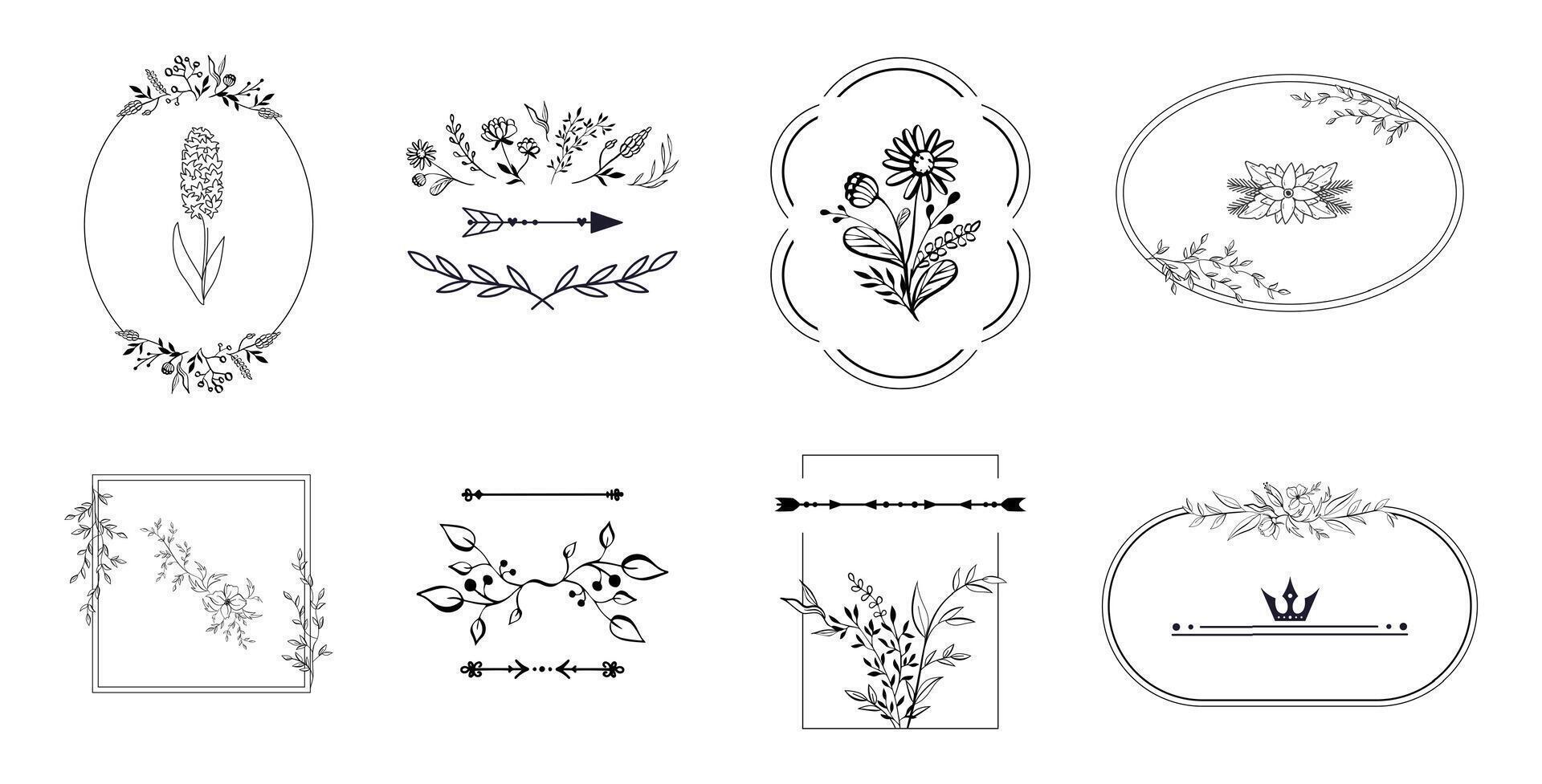 Floral frames in black and white display intricate botanical illustrations, perfect for enhancing invitations, cards, and other creative projects vector