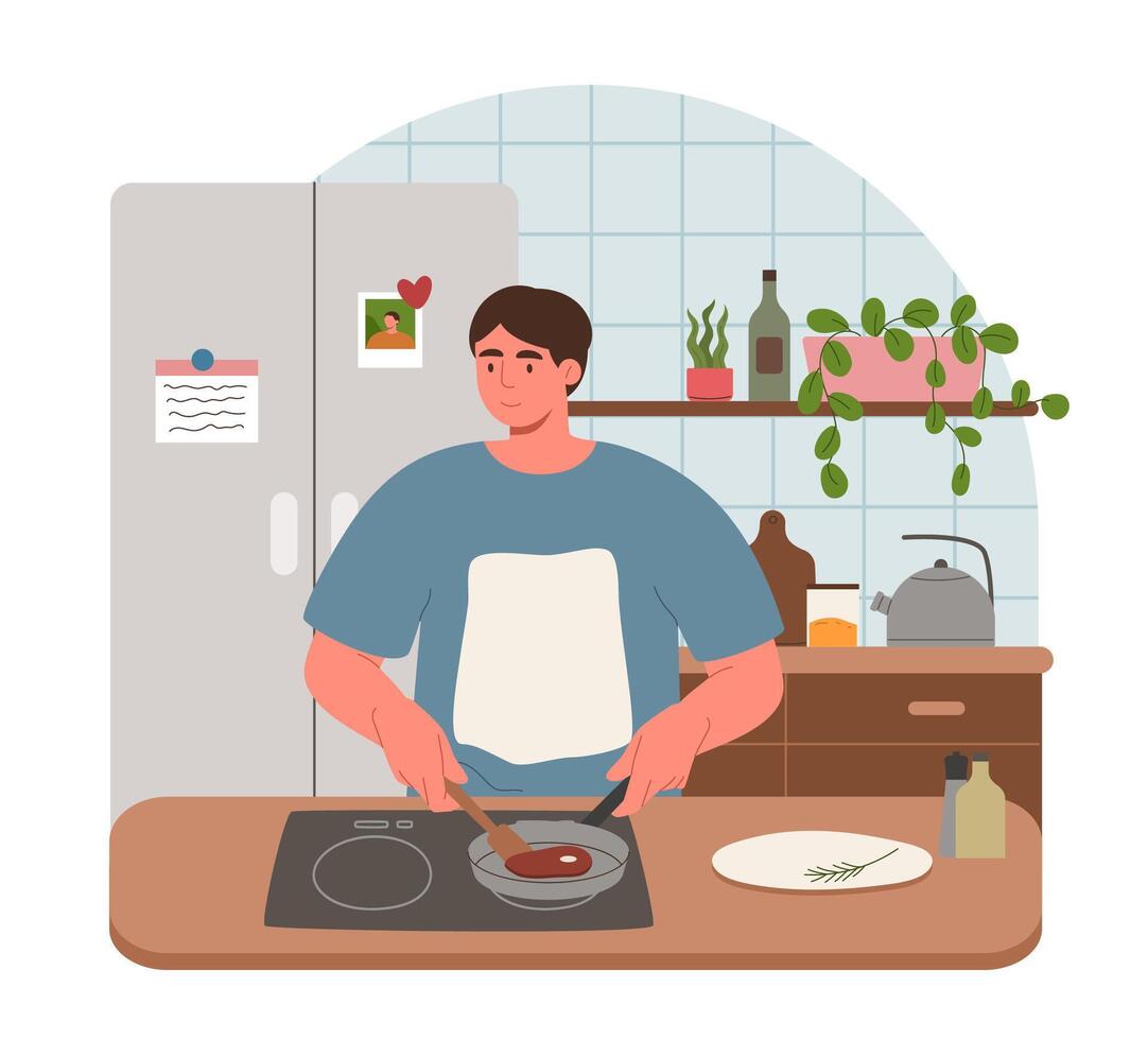 Man is cooking in a comfortable kitchen, stirring ingredients in a pan. The space is bright and inviting, featuring plants and personal touches that create a homey atmosphere vector